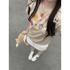 批发美式复古正肩短袖女夏季新款花朵印花纯棉t恤修身显瘦辣妹上衣潮