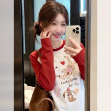 批发红白撞色童趣印花宽松<b class='q'>长袖</b><b class='q'>T</b><b class='q'>恤</b>女2026春季甜美减龄慵懒松弛感上衣