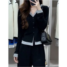 批发法式假两件v领长袖针织<b class='q'>开衫</b><b class='q'>女</b>春季2026年新款小个子修身短款上衣