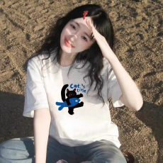 批发可爱猫咪印花短袖t恤女夏季重磅纯棉白色百搭上衣<b class='q'>情侣装</b>