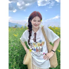 批发韩版圆领纯棉印花短袖t恤女度假松弛感上衣