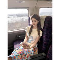 批发巨好看的正肩t恤女夏季蓝花印花修身显瘦短袖上衣潮