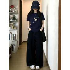 慵懒港风ins纯棉藏青色圆领短袖t恤女2026春季新款设计感上衣体恤