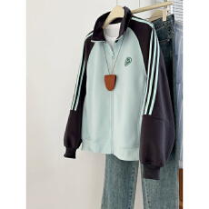 批发蓝色拼接插肩袖三条杠<b class='q'>卫衣</b>女2026年春新款韩版宽松慵懒风开衫外套