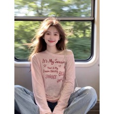 批发粉色字母印花斜肩防晒t恤<b class='q'>罩衫</b>女夏季小个子外搭宽松显瘦长袖上衣