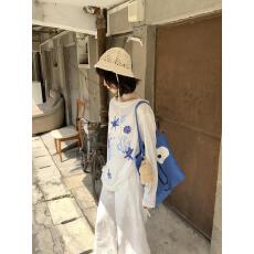 批发蓝汐海洋可爱图案印花<b class='q'>长袖</b>防晒斜肩<b class='q'>T</b><b class='q'>恤</b>女慵懒宽松罩衫