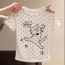 批发夏日绝美俏皮可爱波点猫咪<b class='q'>小</b>上衣女小个子韩系设计感正肩短袖t恤