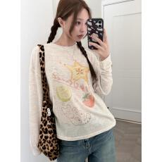 批发水果字母印花微透防晒长袖T恤女夏圆领2026新款<b class='q'>宽松</b>上衣打底罩衫