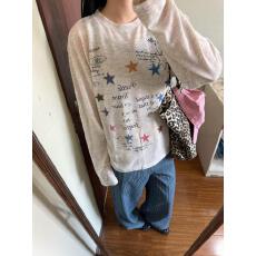 批发美式学院风彩纱星星长袖罩衫慵懒针织衫印花上衣<b class='q'>女休闲</b>慵懒风上衣