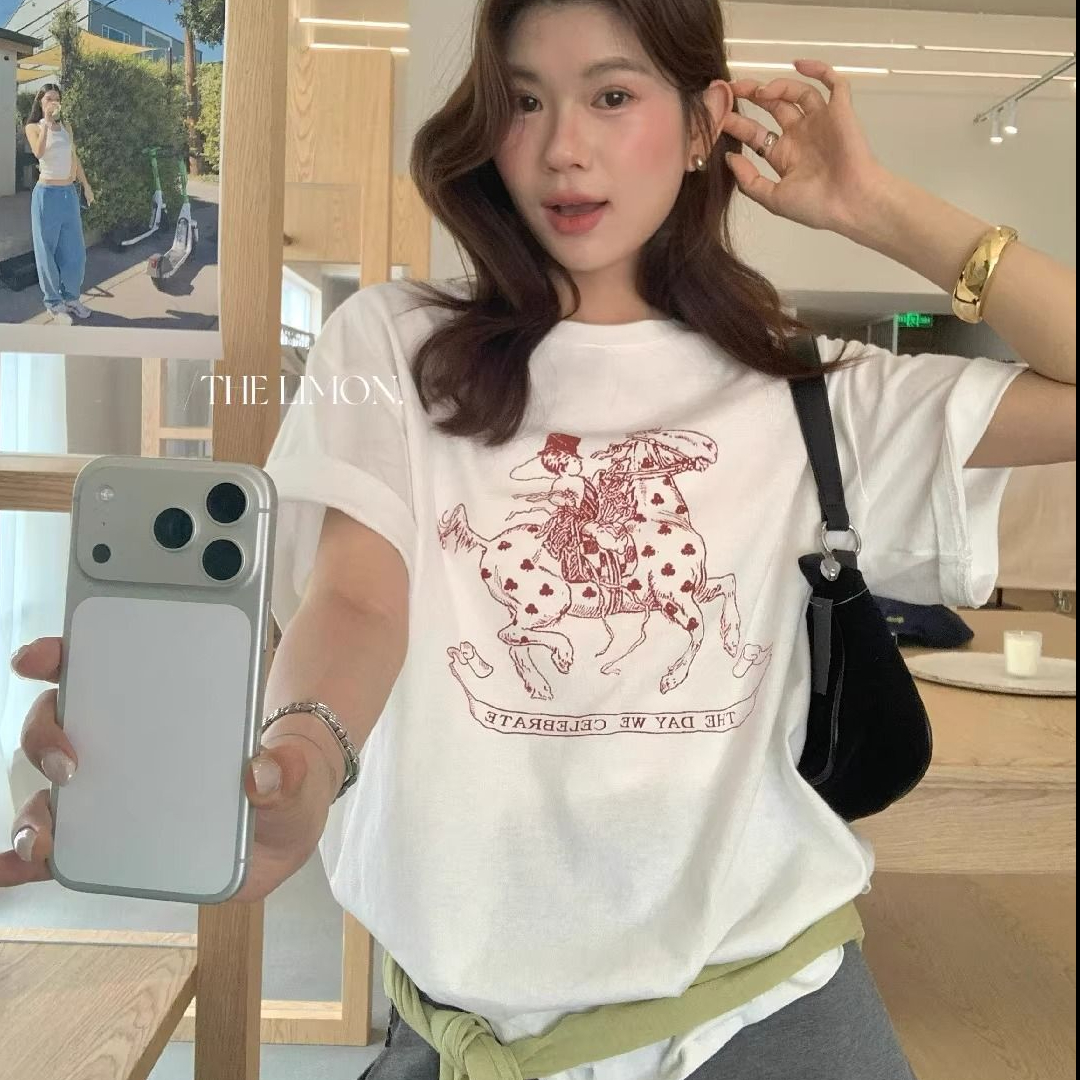 2026 여름 한 부서 캐주얼 바람 라운드 넥 프린트 반팔 티셔츠 여성 루즈핏 맨위