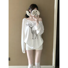 批发慵懒风白色斜肩长袖T恤女设计感小众梅花鹿字母宽松显瘦上衣