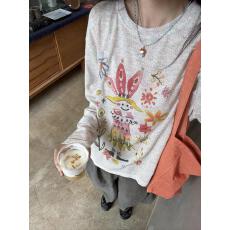 批发美式复古彩绘印花长袖t恤女夏季新款宽松显瘦防晒打底罩衫上衣潮