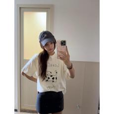 批发小众斑点狗卡通印花慵懒休闲宽松纯棉圆领舒适短袖T恤上衣