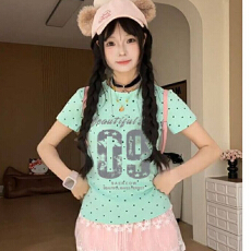 批发圆领波点短袖正肩新款显瘦<b class='q'>欧美</b>风通勤休闲气质薄荷绿上衣夏季