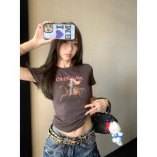 批发洋气印花圆领短袖T恤女春季2026新款修身显瘦休闲短款打底衫上衣