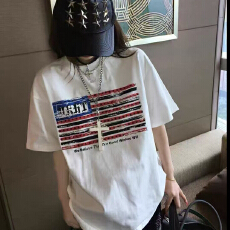 批发美式复古旗帜印花<b class='q'>短袖</b>t恤<b class='q'>女</b>夏季2026新款宽松潮牌纯棉情侣上衣