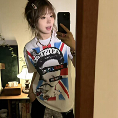 批发小众复古摇滚美式印花慵懒休闲宽松纯棉舒适<b class='q'>短袖</b>T恤上衣<b class='q'>女</b>
