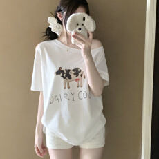 批发美式辣妹斜肩字母印花短袖T恤女