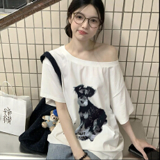 批发狗狗印花斜肩短袖<b class='q'>T</b><b class='q'>恤</b>女夏季2025新款<b class='q'>中长款</b>宽松慵懒风休闲上衣潮