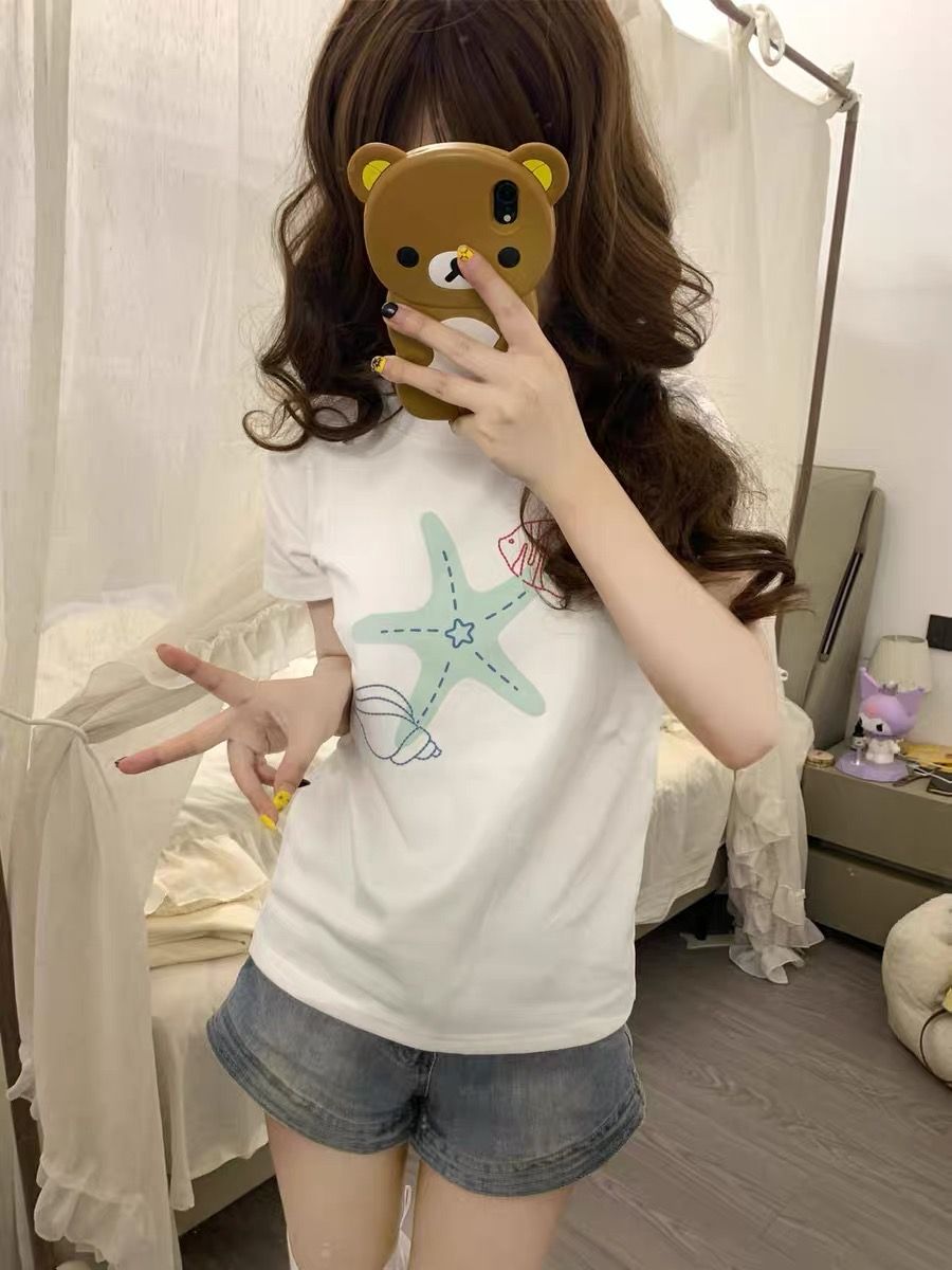 아메리칸 레트로 불가사리 프린트 긍정적 인 어깨 반팔 티셔츠 여성 여름 디자인 센스 캐주얼 슈퍼 잘 생긴 쇼트 스타일 맨위 서비스