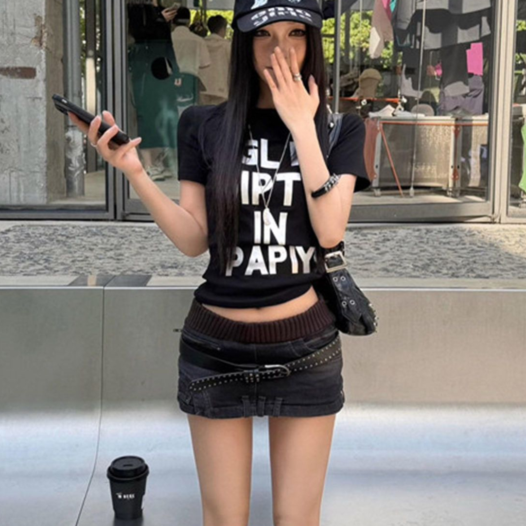 아메리칸 레트로 핫걸 순면 단어 모국 조수 브랜드 반팔 티셔츠 여성 여름 몸매 가꾸기 쇼트 스타일 다용도 맨위