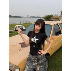 批发美式<b class='q'>街头</b>五角星印花短袖T恤女2026新款修身显瘦黑色打底辣妹上衣