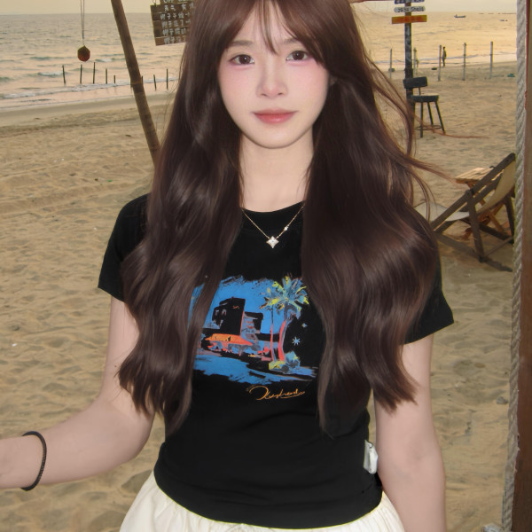 한 부서 휴가 바람 회화 프린트 반팔 티셔츠 여성 슈퍼 화재 ~ 중 몸매 가꾸기 슬림해 보이는 작은 키 쇼트 스타일 ootd 맨위