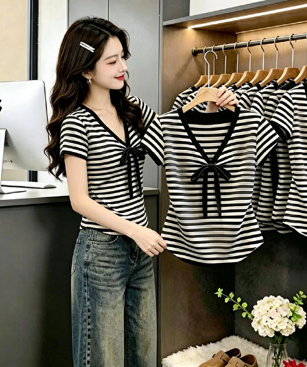 프랑스식 순수한 욕망 바람 배색 스트라이프 나비 넥타이 반팔 티셔츠 여성 여름 새로운 품격 연령 감소 맨위 트렌디