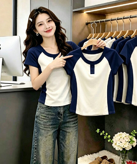 폭발 여성 의류 반팔 라운드 넥 티셔츠 2026 여름 새로운 패션 몸매 가꾸기 슬림해 보이는 배색