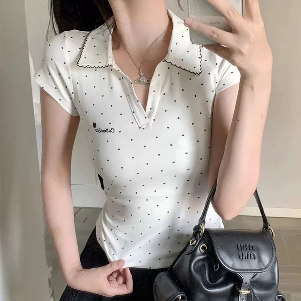 도트 무늬 POLO 셔츠 배색 폴로 칼라 학원 스타일 반팔 티셔츠 여성 여름 몸매 가꾸기 허리 수축 고유 한 슈퍼 잘 생긴 맨위