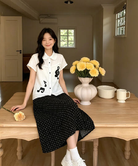 학원 스타일 베이비 칼라 반팔 셔츠 맨위 화이트 참고 자수 슬림해 보이는 프릴 셔츠