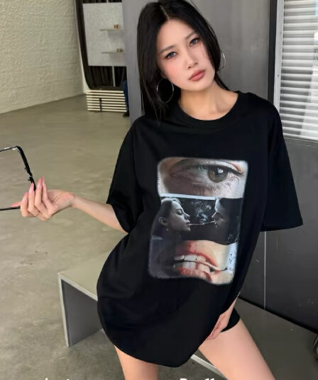 검정색 초상화 프린트 티셔츠 여성 아메리칸 거리 루즈핏 가을 어깨 라운드 넥 반팔 맨위