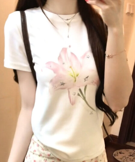 한 스타일 캐주얼 식물 꽃무늬 프린트 반팔 티셔츠 여성 미니멀리즘 품격 ins 다용도 몸매 가꾸기 슬림해 보이는 라운드 넥 맨위