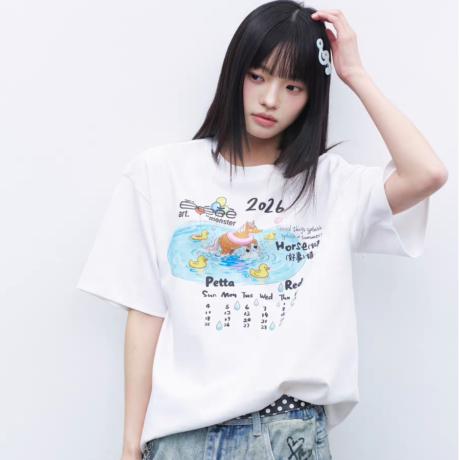 좋은 것 캘린더 오리지널 만화 캘린더 프린트 반팔 루즈핏 커플룩 캐주얼 티셔츠 여름