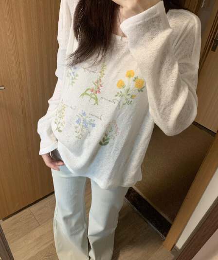 한 부서 레트로 식물 프린트 눈꽃 면 긴팔 티셔츠 여성 루즈핏 느긋한 바람 얇은 스타일 자외선 차단 블라우스 맨위 여름