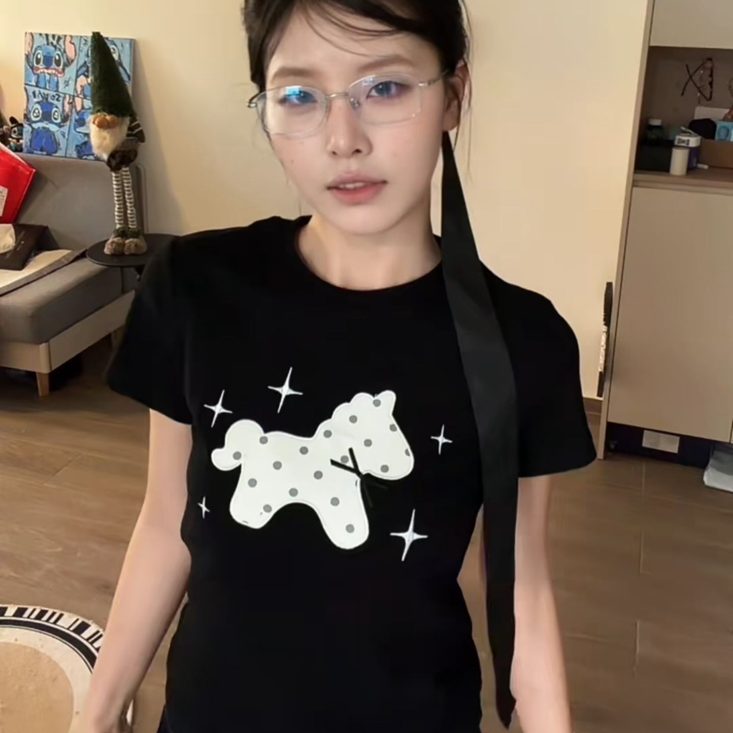 한 부서 레트로 도트 무늬 작은 말 프린트 반팔 티셔츠 여성 여름 몸매 가꾸기 작은 키 슬림해 보이는 다용도 맨위
