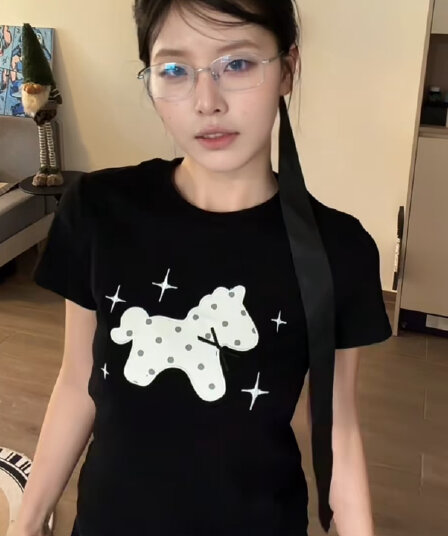 한 부서 레트로 도트 무늬 작은 말 프린트 반팔 티셔츠 여성 여름 몸매 가꾸기 작은 키 슬림해 보이는 다용도 맨위
