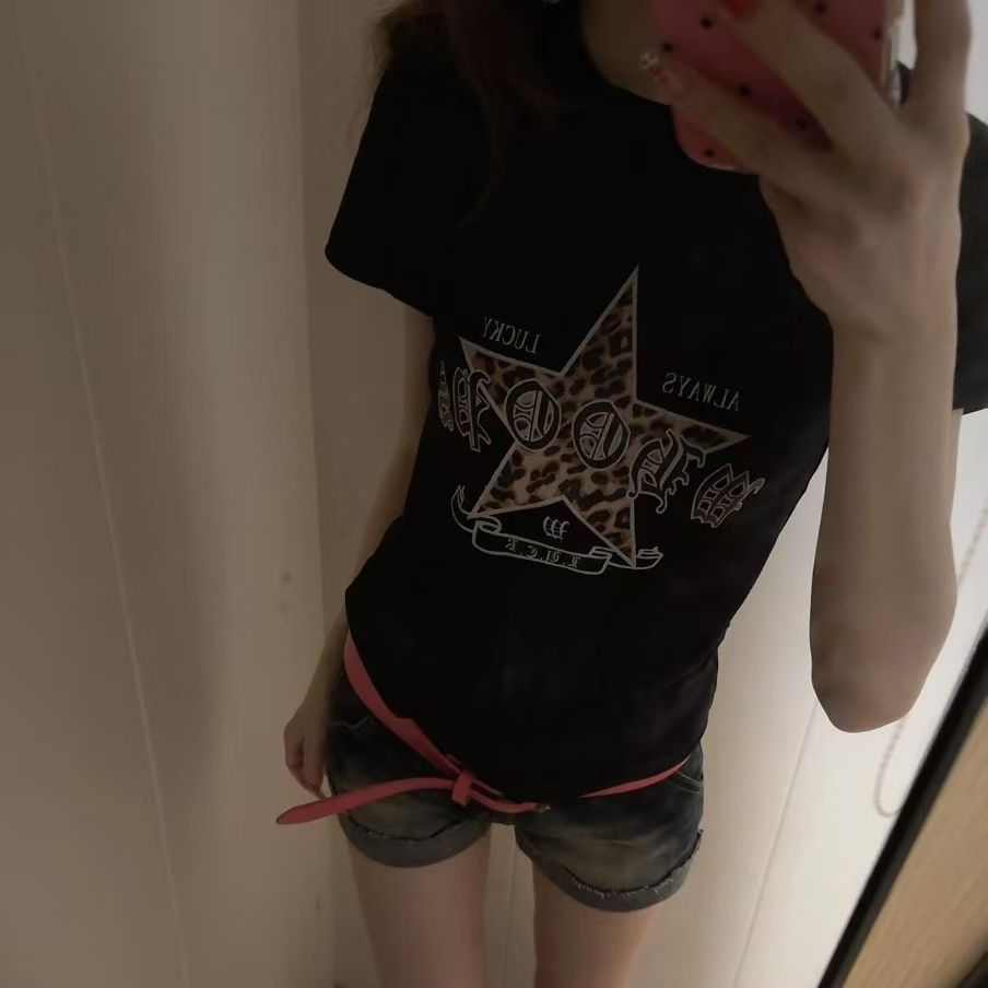 아메리칸 레트로 레오파드 무늬 별 프린트 반팔 티셔츠 여성 여름 긍정적 인 어깨 몸매 가꾸기 핫걸 쇼트 스타일 맨위