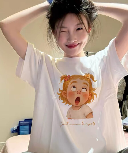 아메리칸 만화 바람 화이트 반팔 티셔츠 여성 여름 루즈핏 디자인 센스 작은 대중 라운드 넥 맨위