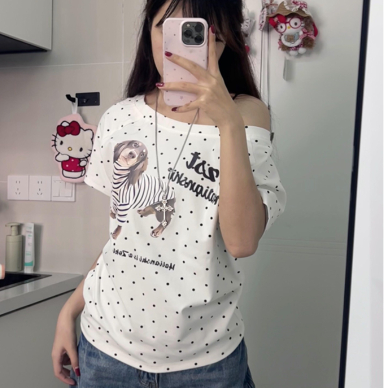 아메리칸 레트로 도트 무늬 알파벳 프린트 반팔 티셔츠 여성 달콤한 차가운 핫걸 바람 슬림해 보이는 몸매 가꾸기 맨위 여름 새로운