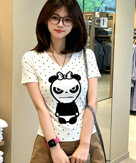 한 부서 ins 화이트 도트 무늬 프린트 V넥 몸매 가꾸기 반팔 티셔츠 여성 여름 캐주얼 다용도 핫걸 y2k 맨위 트렌디