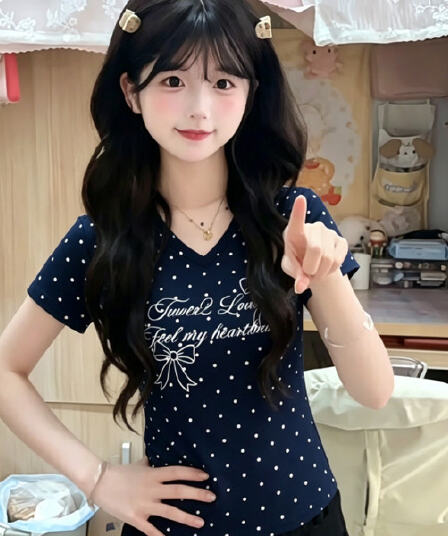 아메리칸 해군 V넥 긍정적 인 어깨 반팔 티셔츠 여성 2026 봄 여름 가을 핫걸 몸매 가꾸기 도파민 순면