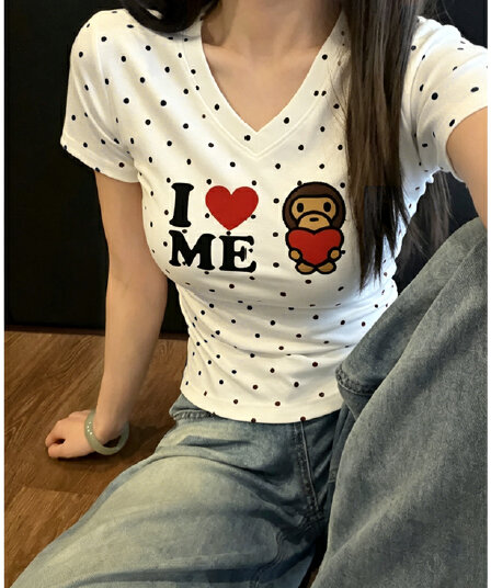 핫걸 바람 레트로 도트 무늬 반팔 티셔츠 여성 속임수 원숭이 하트 V넥 긍정적 인 어깨 몸매 가꾸기 슬림해 보이는 다용도 맨위