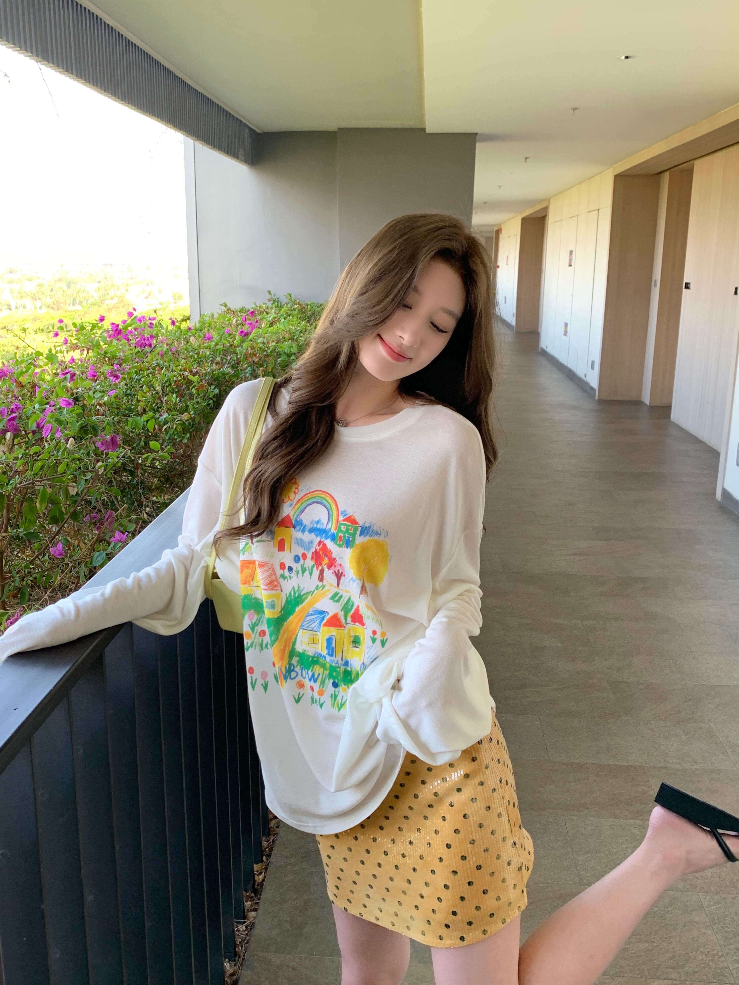한 부서 재미있는 만화 프린트 긴팔 티셔츠 여성 여름 루즈핏 슬림해 보이는 그레이트 봐. 의류