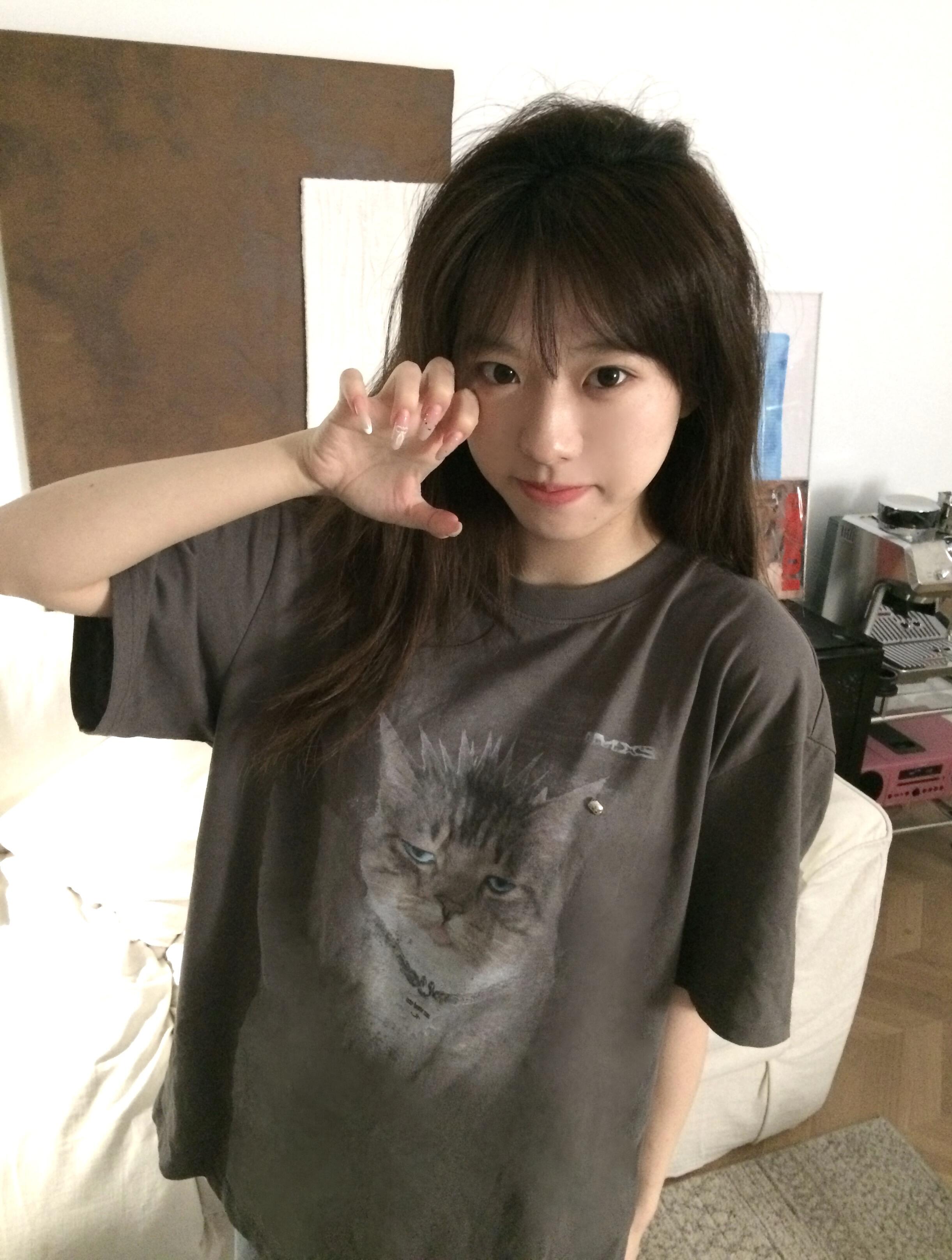 레트로 달콤한 차가운 타이거 스팟 고양이 프린트 라운드 넥 반팔 티셔츠 여성 아메리칸 루즈핏 캐주얼 다용도 맨위