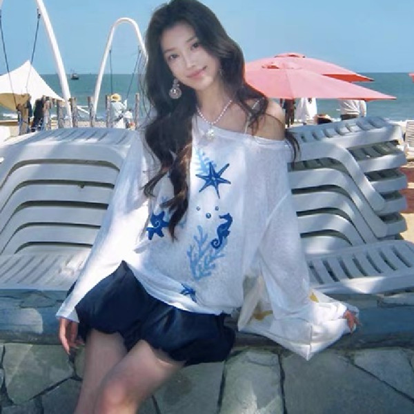 한 부서 비스듬한 어깨 대양 프린트 자외선 차단 블라우스 긴팔 티셔츠 여성 여름 마이크로 ~을 통해 슬림해 보이는 느긋한 바람 맨위