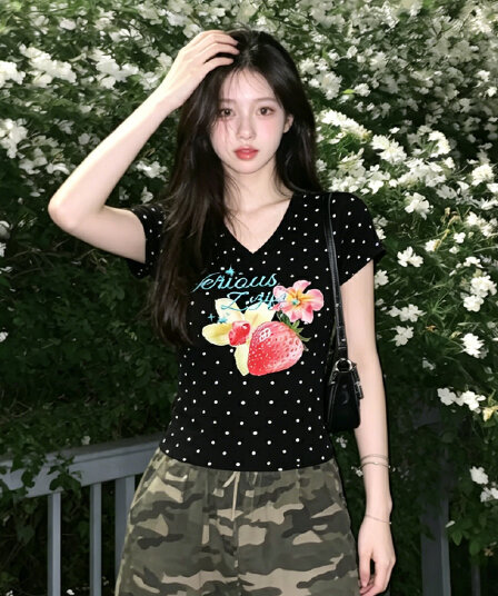몸매 가꾸기 슬림해 보이는 긍정적 인 어깨 V넥 반팔 티셔츠 여성