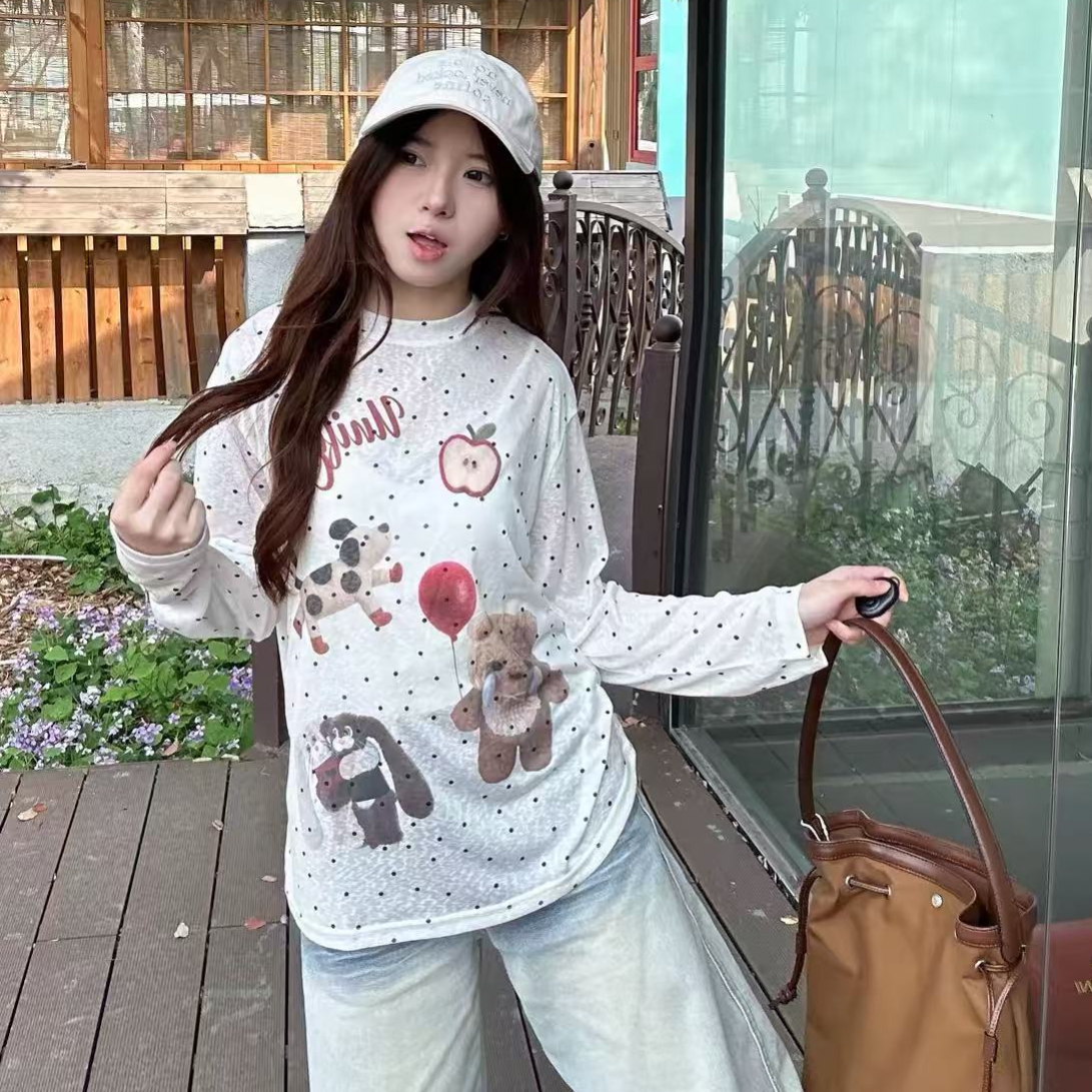 도트 무늬 프린트 긴팔 티셔츠 봄 얇고 가벼운 마이크로 ~을 통해 블라우스 루즈핏 느긋한 맨위