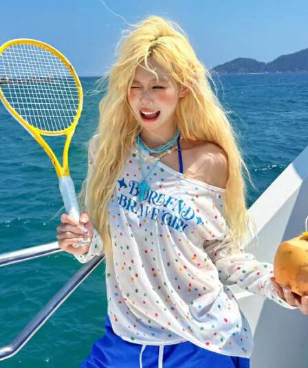섬 도파민 핫걸 비스듬한 어깨 색상 도트 무늬 긴팔 다용도 느슨함 센스 자외선 차단 블라우스 트렌디