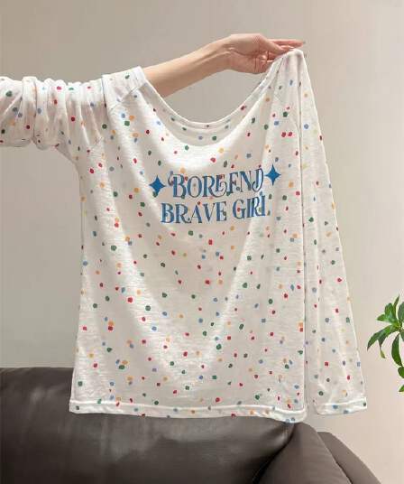 도파민 아메리칸 색상 포인트 도트 무늬 알파벳 긴팔 티셔츠 남녀 봄 여름 얇은 스타일 비스듬한 어깨 자외선 차단 블라우스 맨위